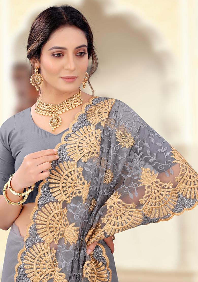 Grey Embroidered Net Saree Set - Indya