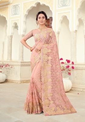 Dusty Peach Embroidered Net Saree Set