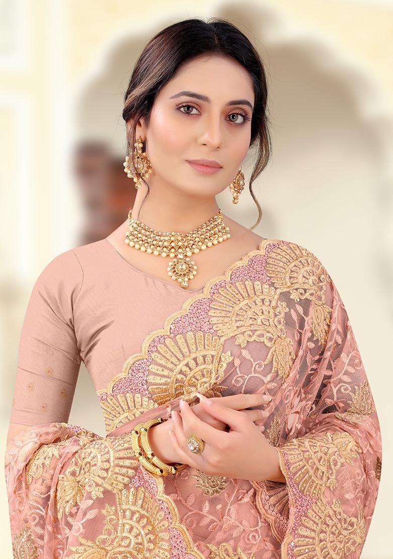 Dusty Peach Embroidered Net Saree Set - Indya