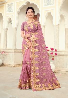 Lavender Embroidered Net Saree Set