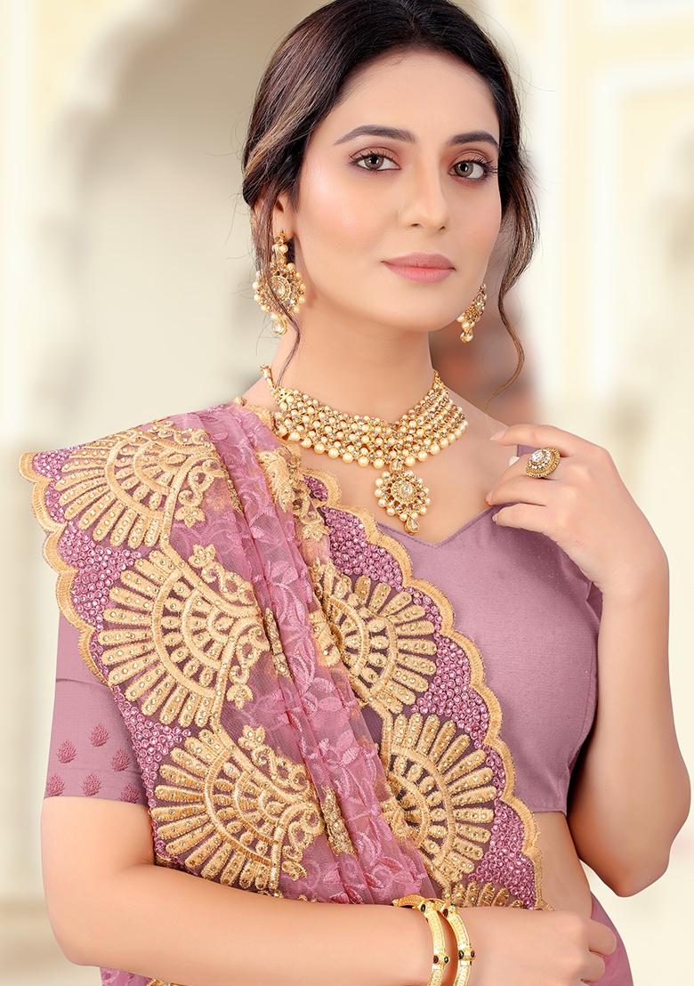 Lavender Embroidered Net Saree Set - Indya