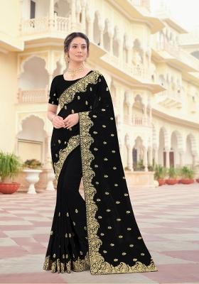Black Embroidered Silk Saree Set