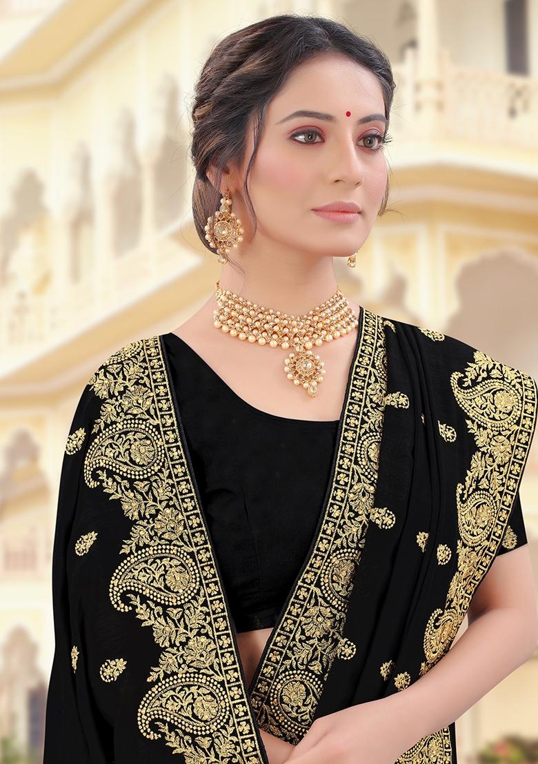 Black Embroidered Silk Saree Set - Indya