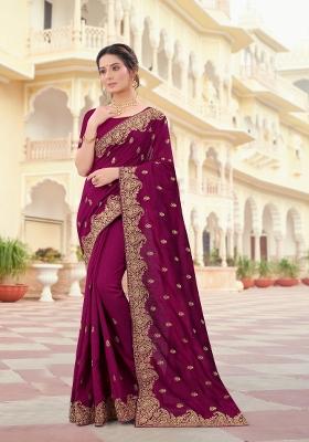 Wine Embroidered Silk Saree Set