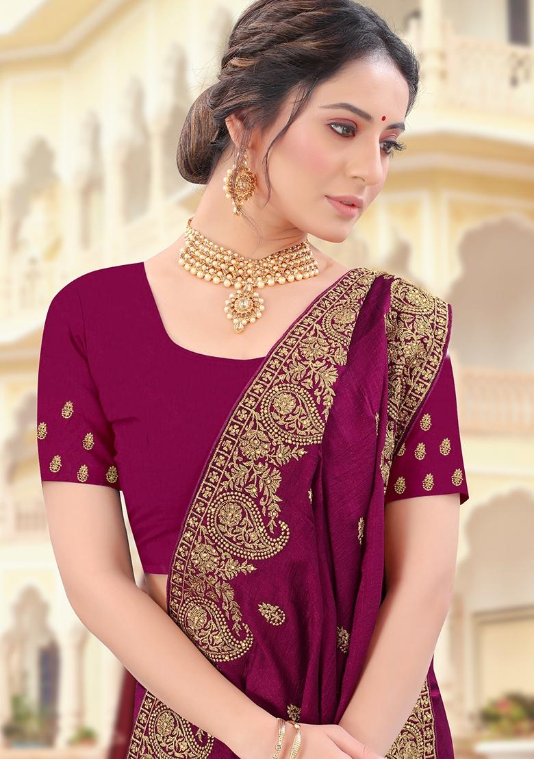Wine Embroidered Silk Saree Set - Indya
