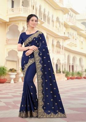 Navy Blue Embroidered Silk Saree Set