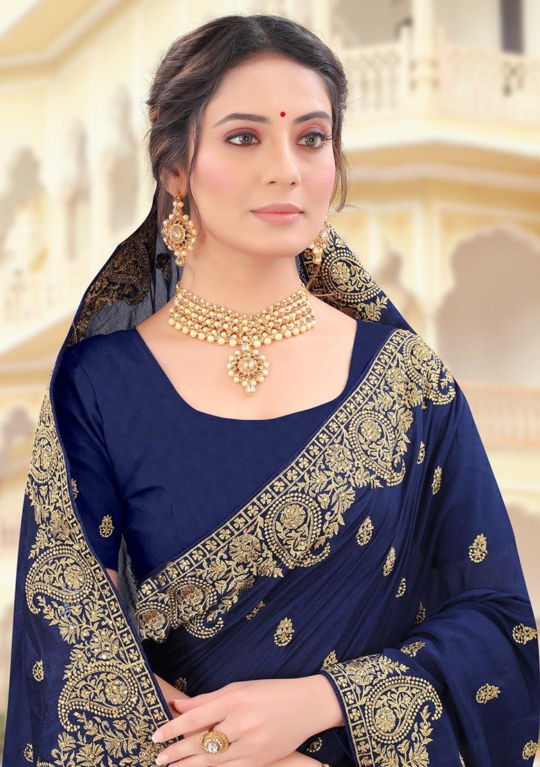 Navy Blue Embroidered Silk Saree Set - Indya