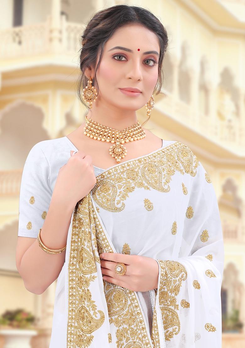 White Embroidered Georgette Saree Set - Indya