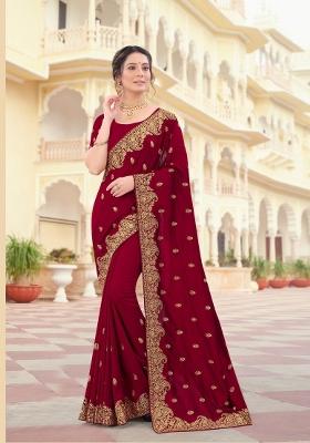 Maroon Embroidered Silk Saree Set