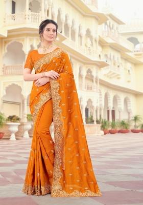 Mustard Embroidered Silk Saree Set
