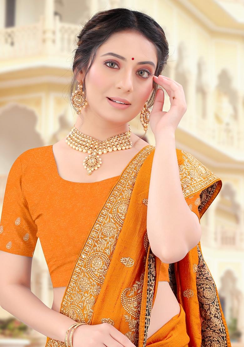 Mustard Embroidered Silk Saree Set - Indya