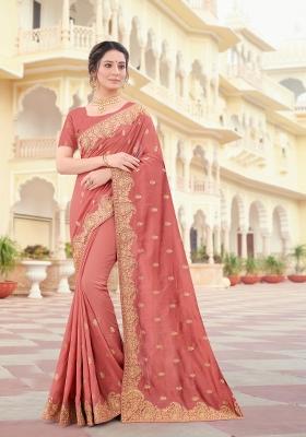 Peach Embroidered Silk Saree Set