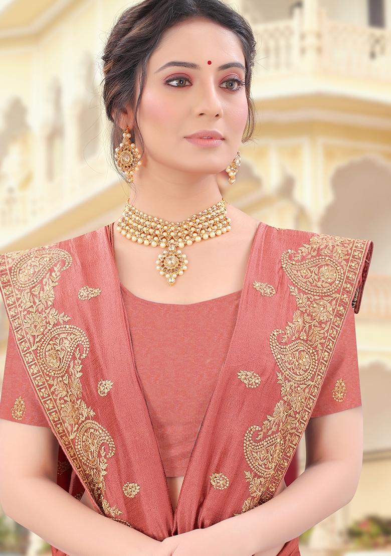 Peach Embroidered Silk Saree Set - Indya
