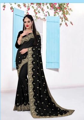 Black Embroidered Silk Saree Set