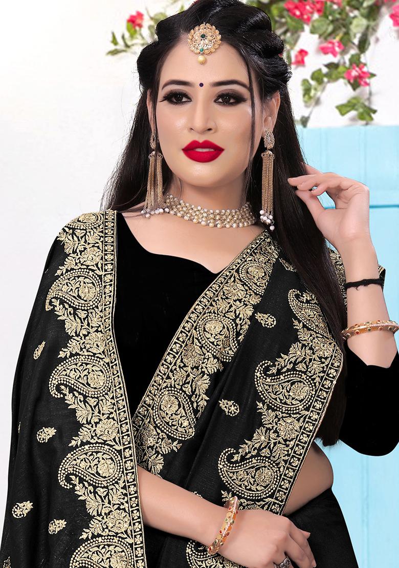 Black Embroidered Silk Saree Set - Indya