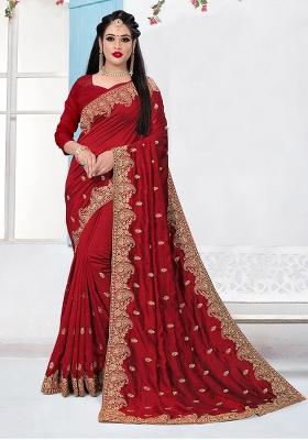 Red Embroidered Silk Saree Set