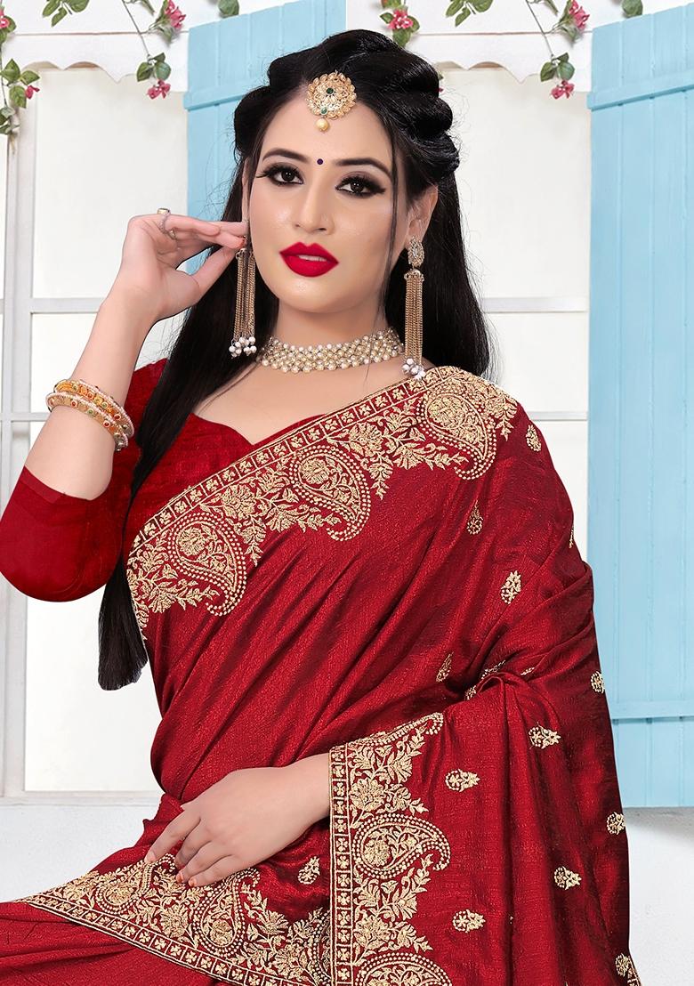 Red Embroidered Silk Saree Set - Indya