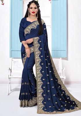 Blue Embroidered Silk Saree Set