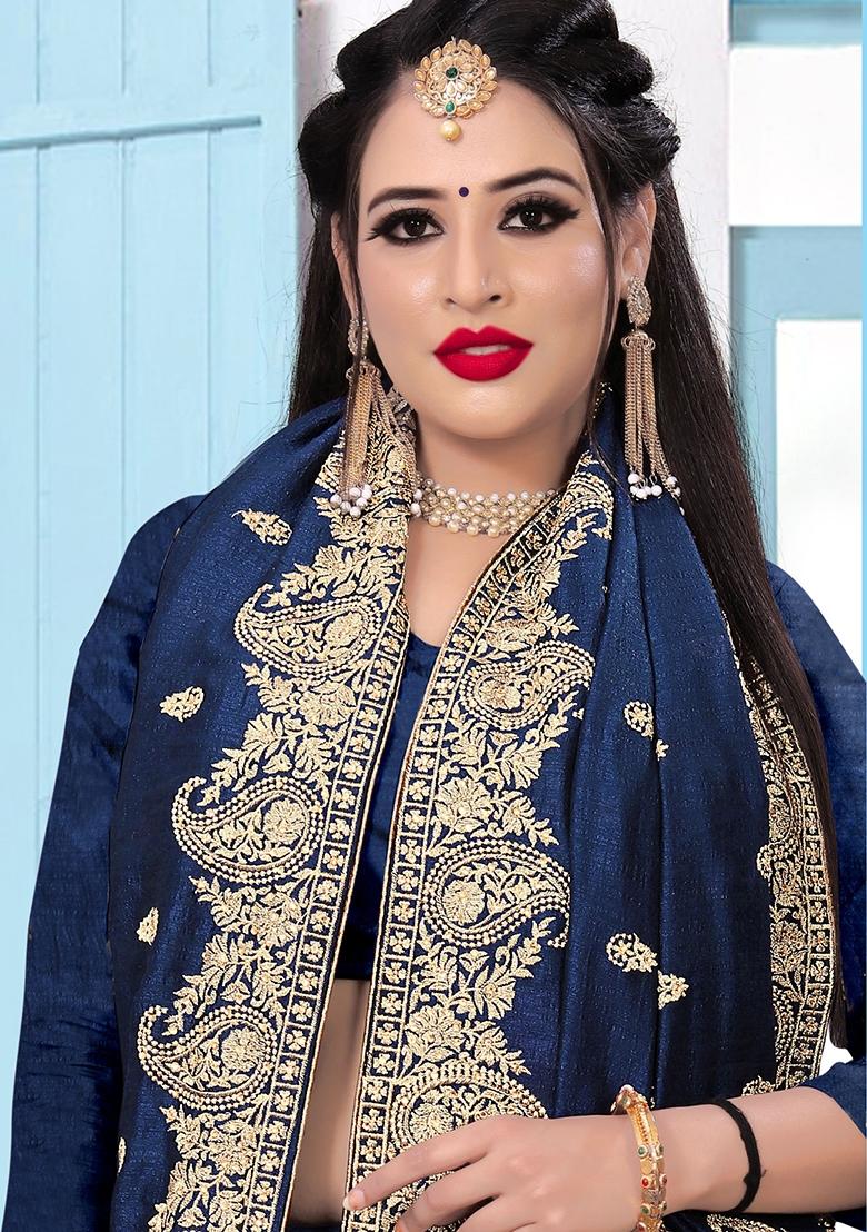 Blue Embroidered Silk Saree Set - Indya