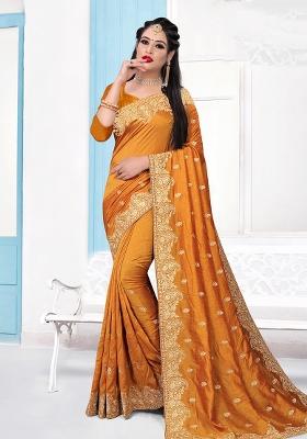 Orange Embroidered Silk Saree Set