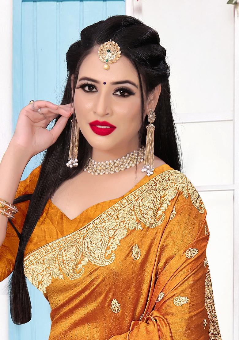 Orange Embroidered Silk Saree Set - Indya