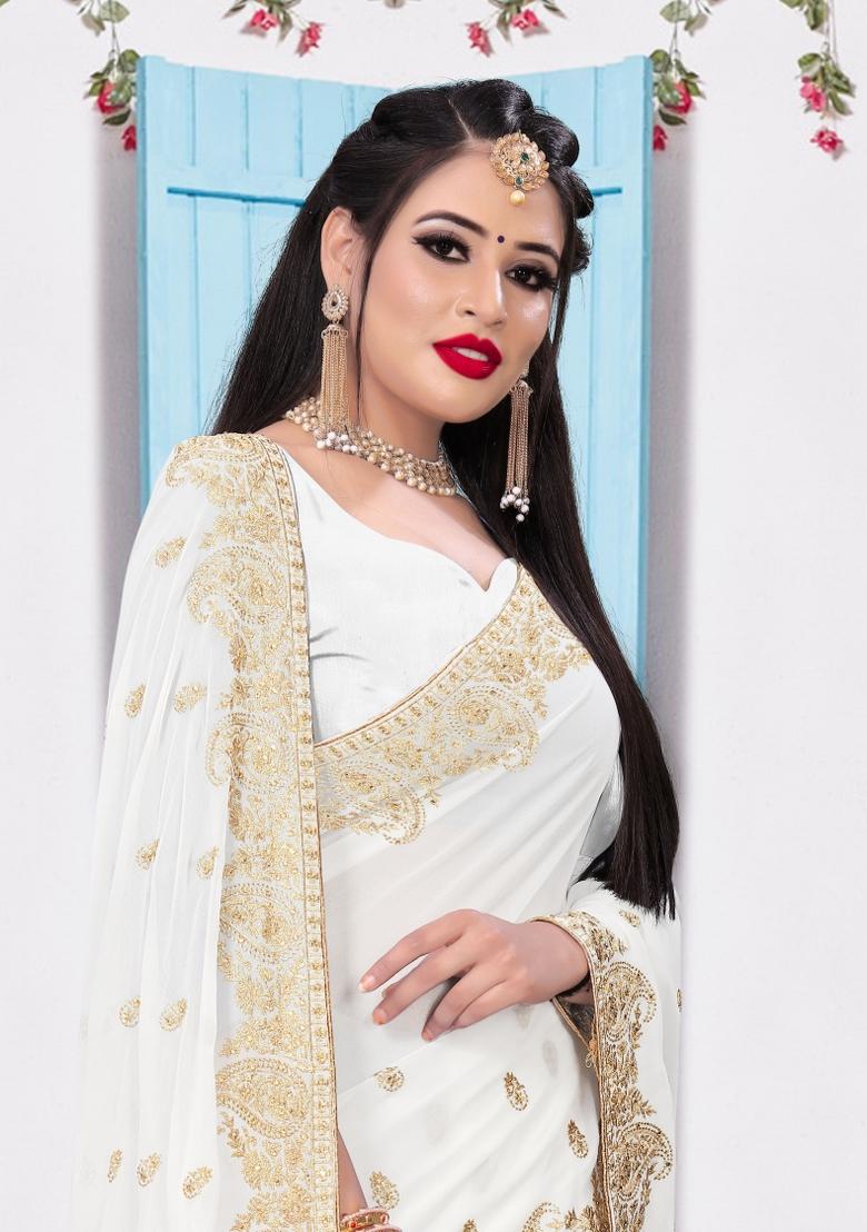 White Embroidered Georgette Saree Set - Indya