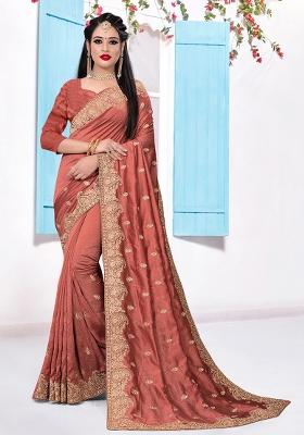 Rust Embroidered Silk Saree Set