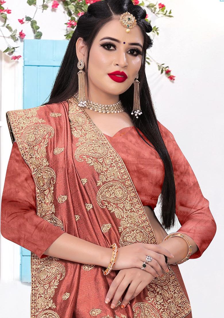 Rust Embroidered Silk Saree Set - Indya