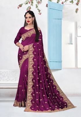Purple Embroidered Silk Saree Set