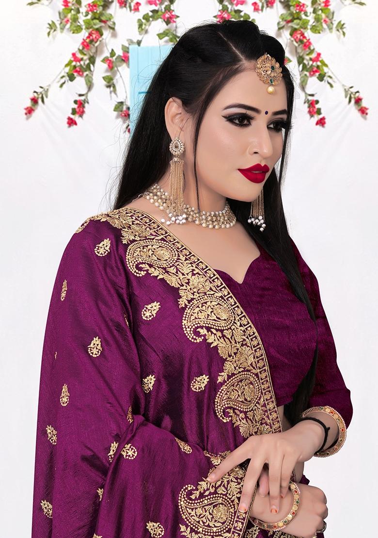 Purple Embroidered Silk Saree Set - Indya