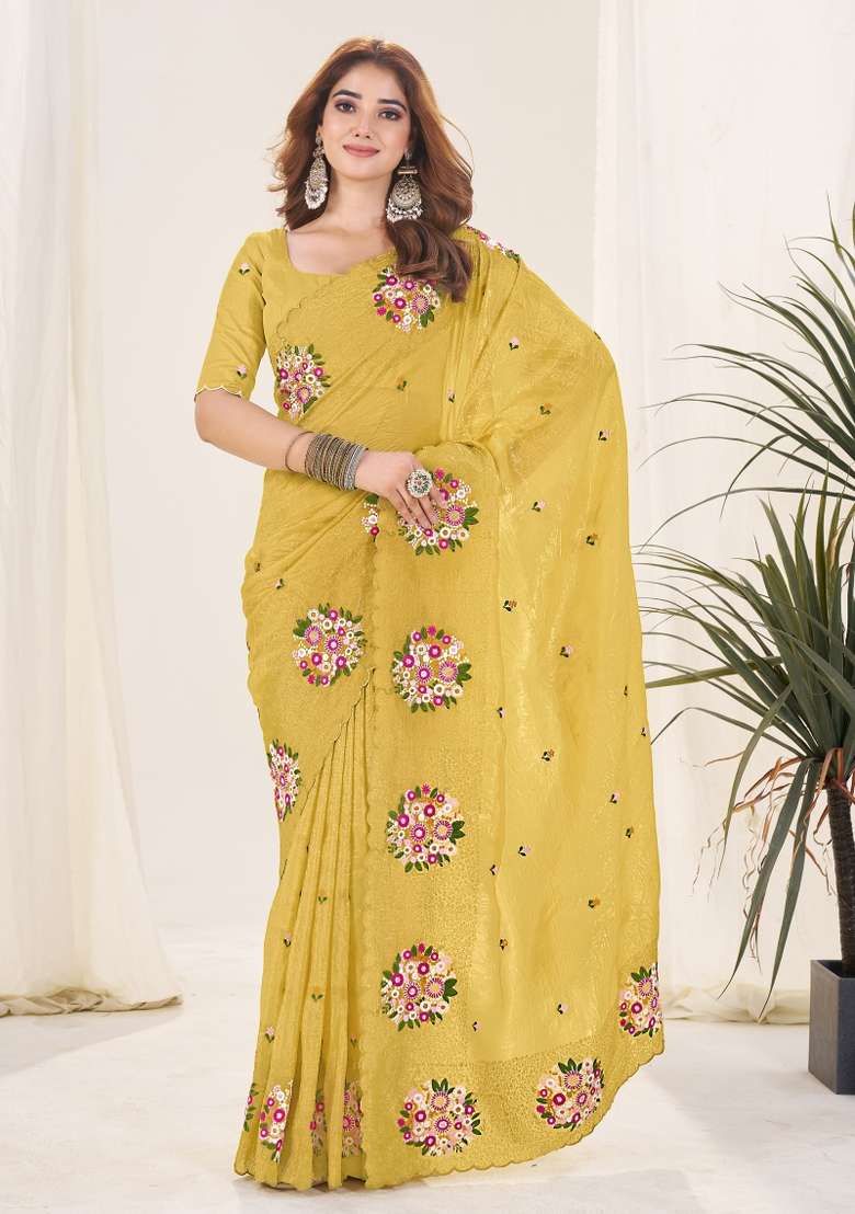 Yellow Gold Crush Saree Set for Diwali | Wedding & Festive Wear - Indya