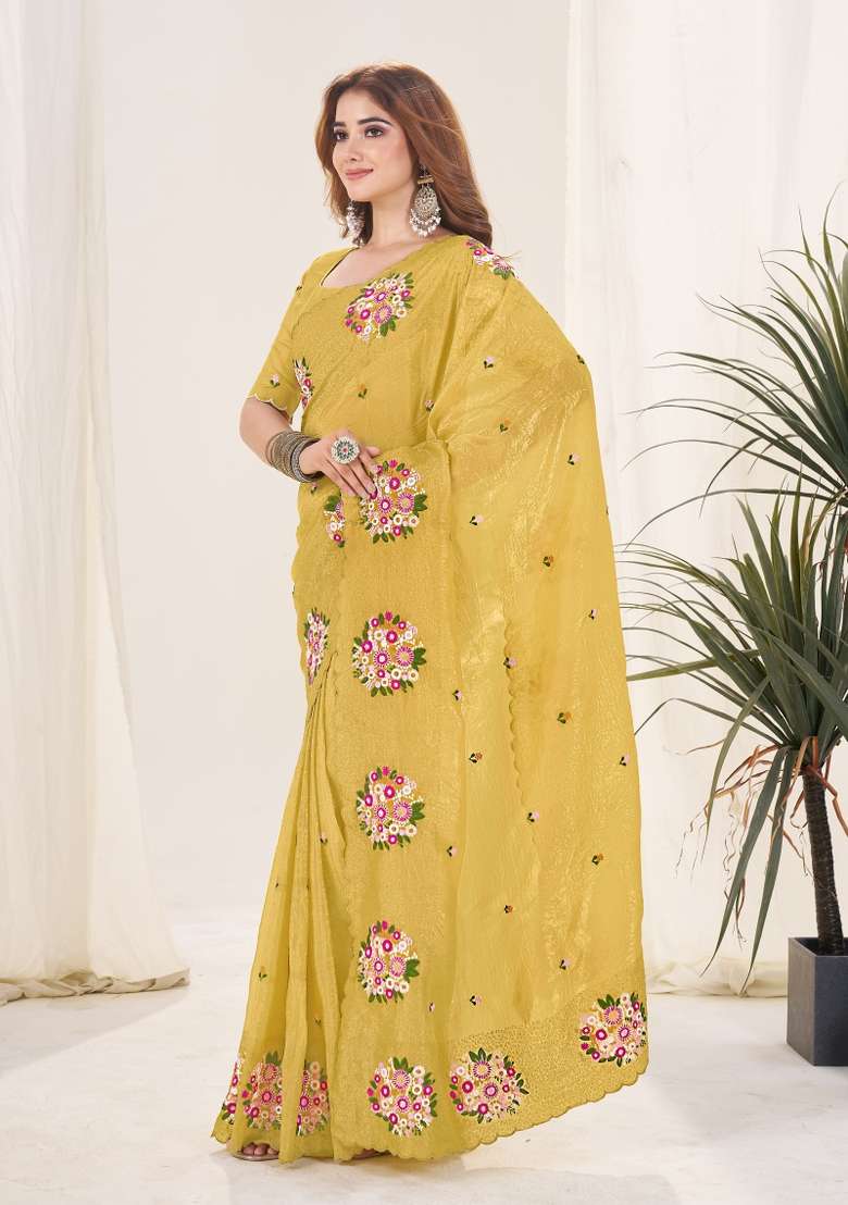 Yellow Gold Crush Saree Set for Diwali | Wedding & Festive Wear - Indya