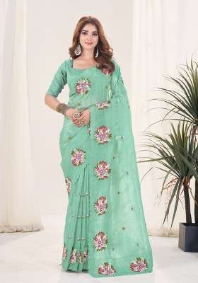 Green Gold Crush Saree Set for Diwali and Festive Wear