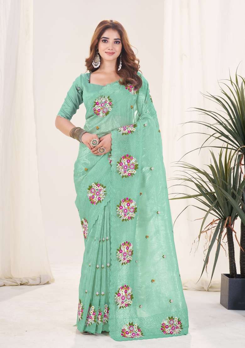 Green Gold Crush Saree Set for Diwali and Festive Wear - Indya