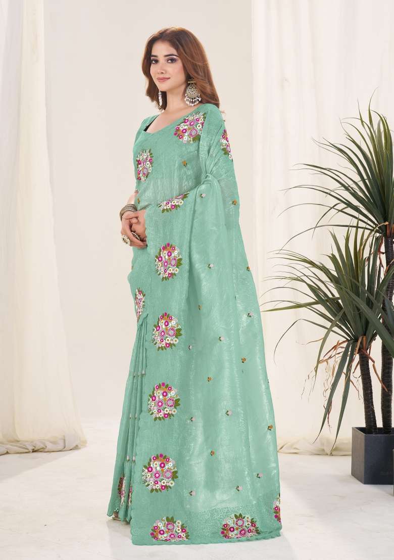 Green Gold Crush Saree Set for Diwali and Festive Wear - Indya