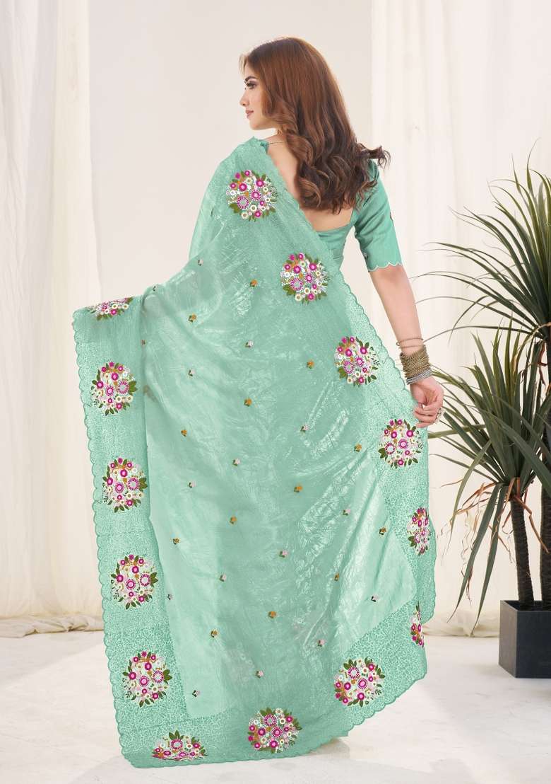 Green Gold Crush Saree Set for Diwali and Festive Wear - Indya