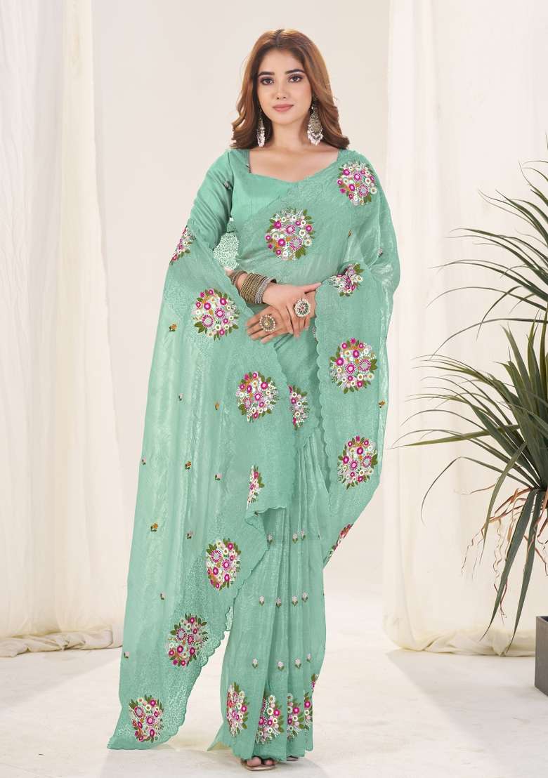 Green Gold Crush Saree Set for Diwali and Festive Wear - Indya