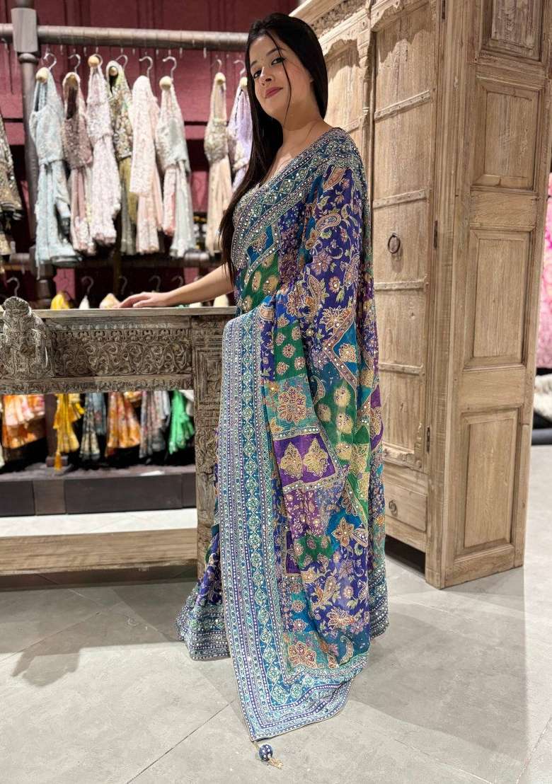 Multicolor Silk Saree Set for Diwali | Wedding & Festive Wear - Indya