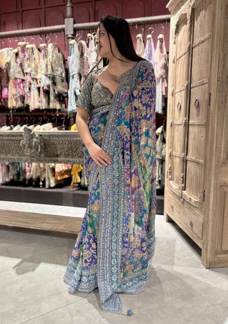 Multicolor Silk Saree Set for Diwali | Wedding & Festive Wear - Indya