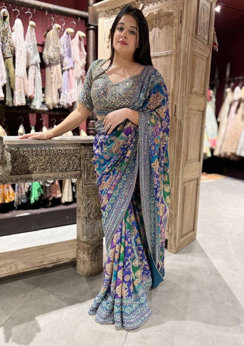 Multicolor Silk Saree Set for Diwali | Wedding & Festive Wear - Indya