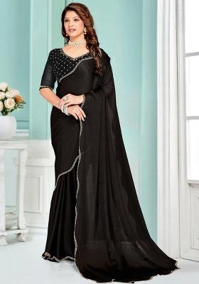 Black Embroidered Silk Saree Set