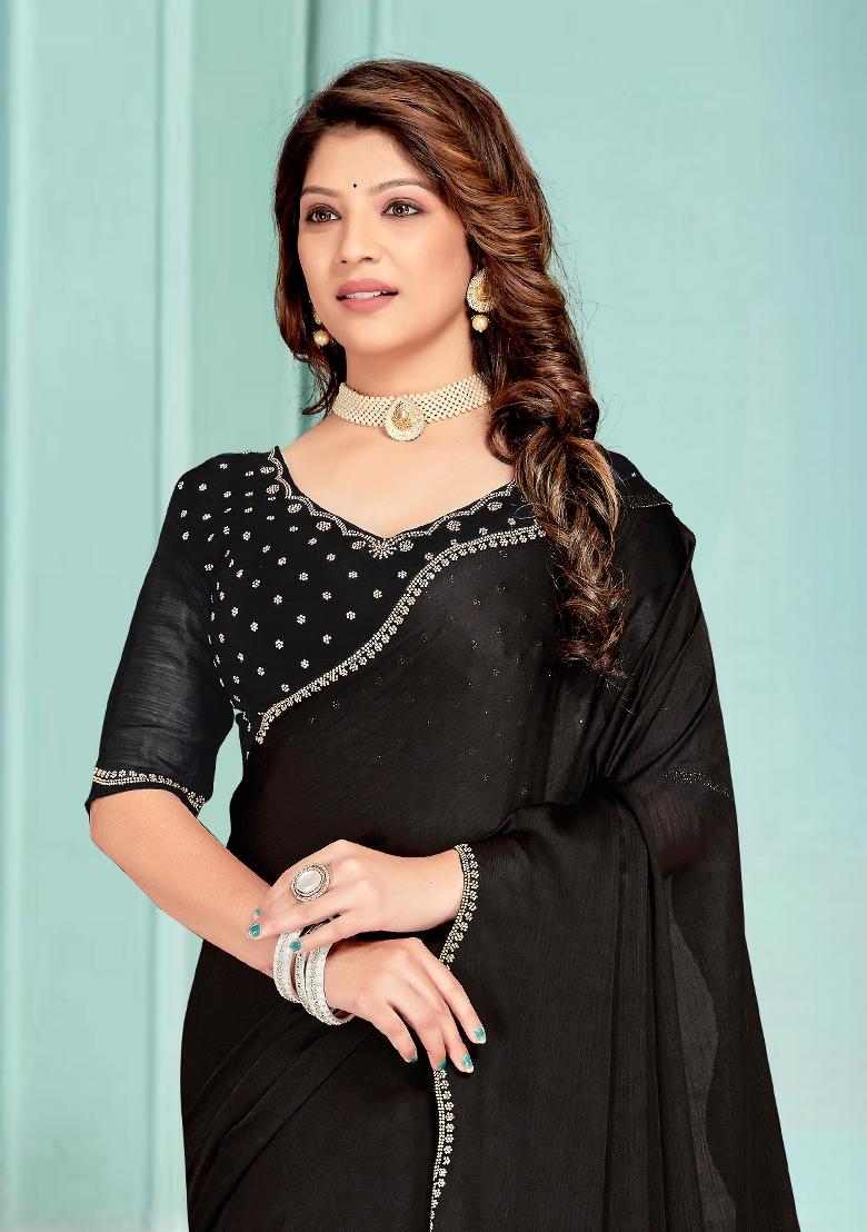 Black Embroidered Silk Saree Set - Indya