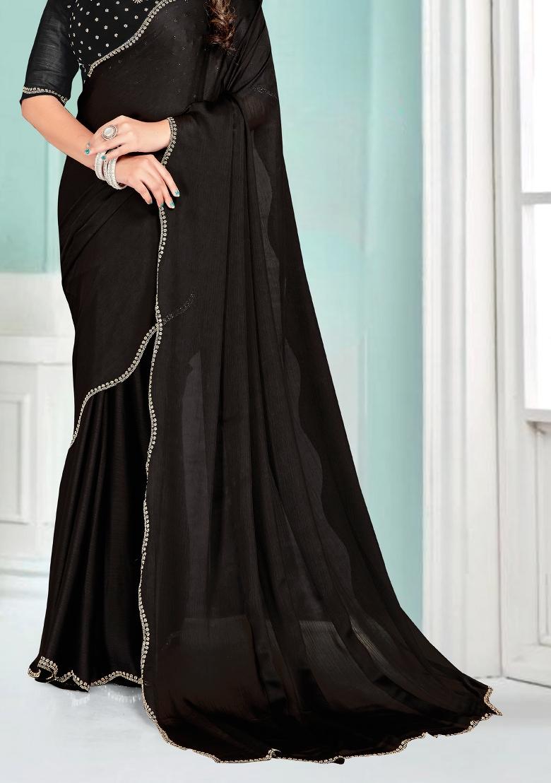 Black Embroidered Silk Saree Set - Indya