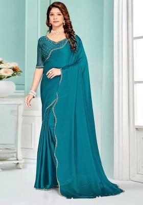 Teal Blue Embroidered Silk Saree Set