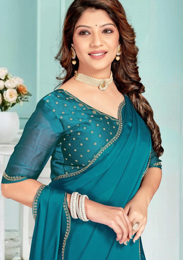 Teal Blue Embroidered Silk Saree Set - Indya