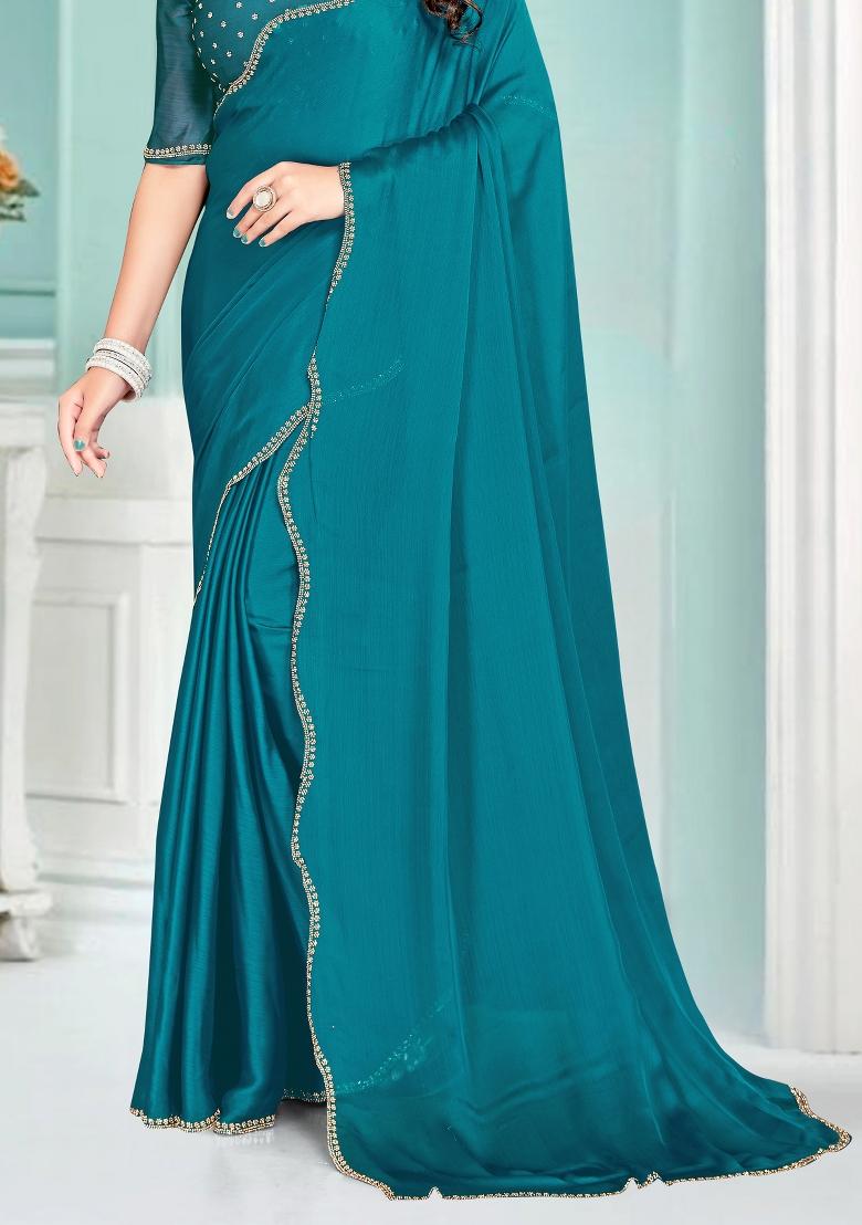 Teal Blue Embroidered Silk Saree Set - Indya
