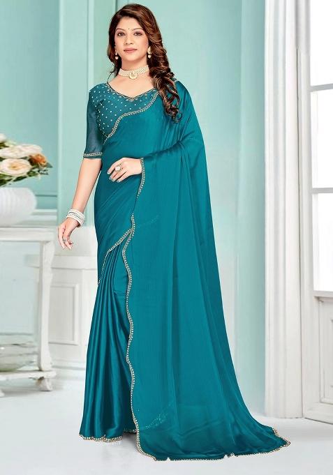 Teal Blue Embroidered Silk Saree Set