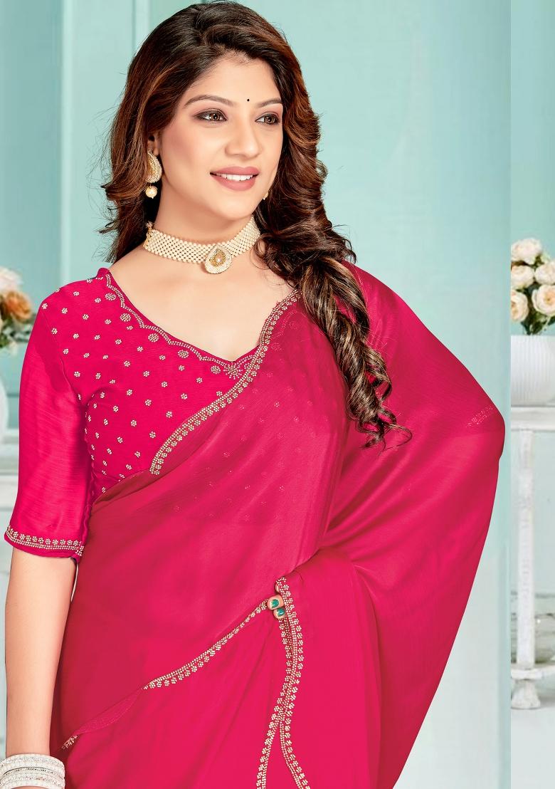 Magenta Embroidered Silk Saree Set - Indya