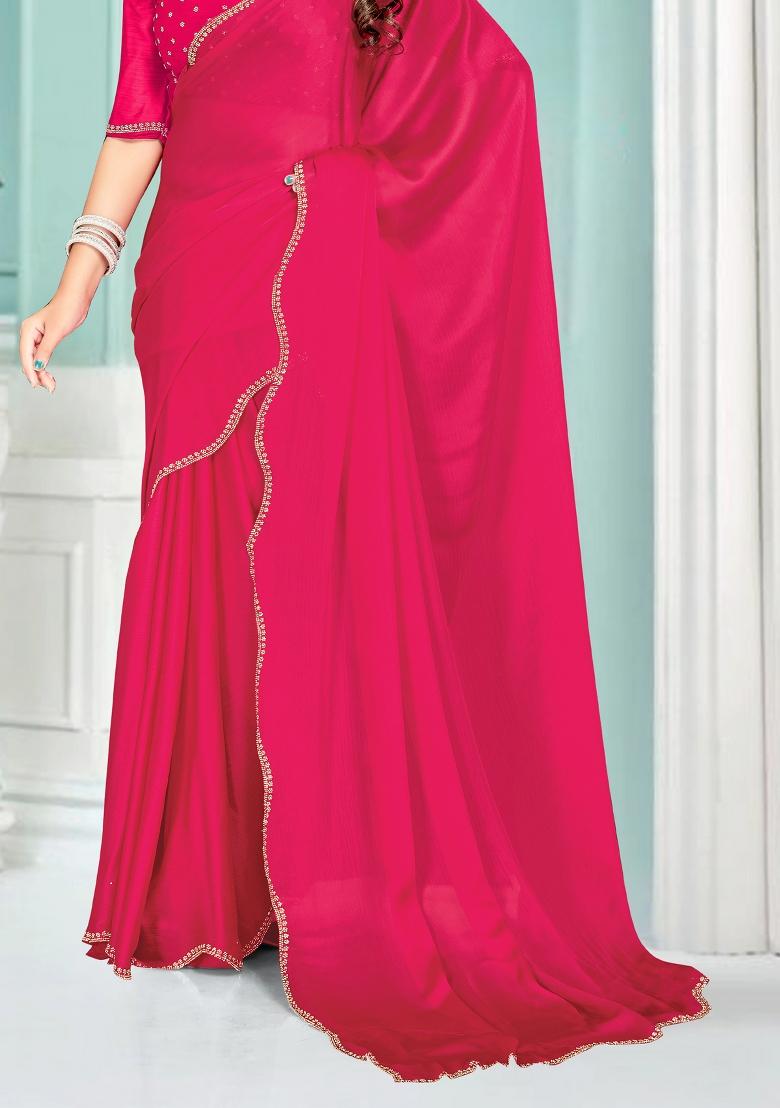 Magenta Embroidered Silk Saree Set - Indya