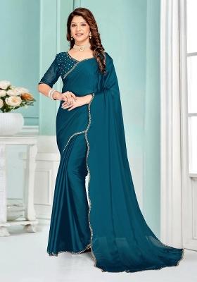Teal Blue Embroidered Silk Saree Set